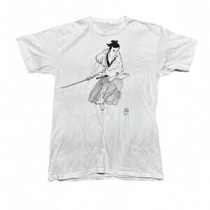 Japan Souvenir Vintage 70s Samurai Graphic White Cotton Tee T-shirt Small
